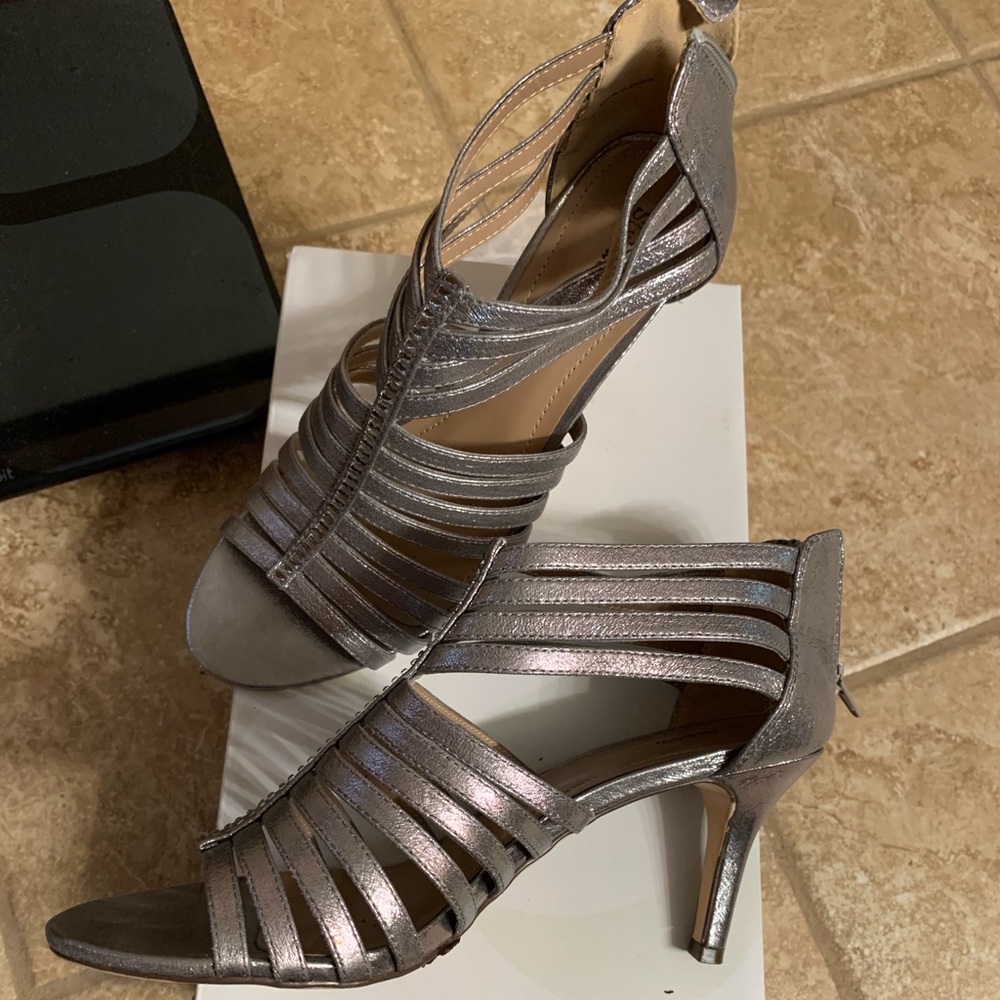 Pewter strappy heels